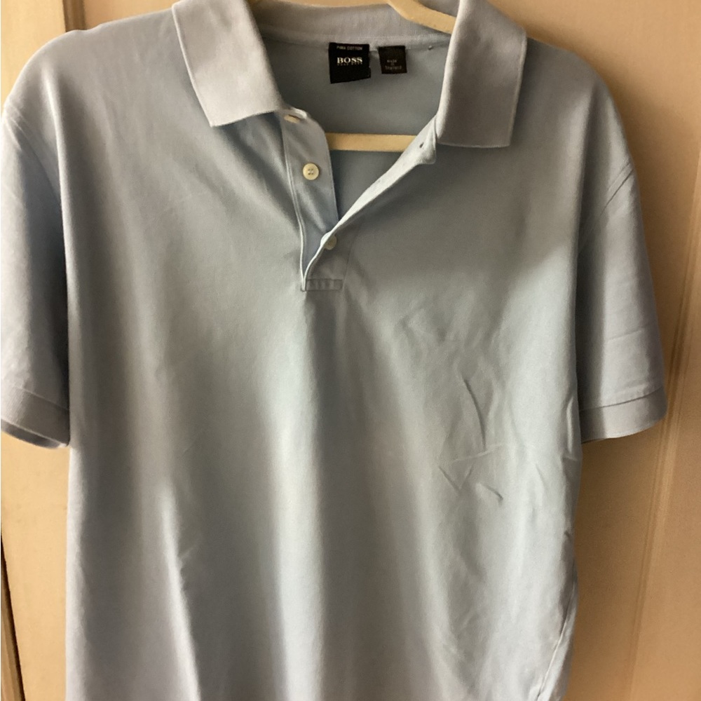 Sold  Boss 3 color button/collar tee- Size L- blue/light blue /brown- Pre-ow